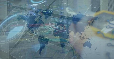 Image of data processing and world map over caucasian man in server room 스톡 사진