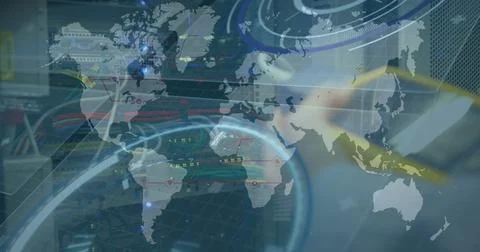 Image of data processing and world map over caucasian man in server room Stock Photos