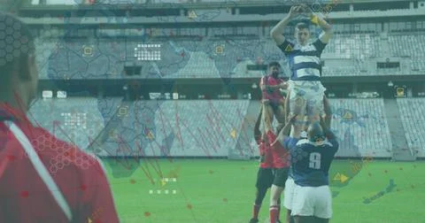 Image of data processing and world map over diverse rugby players at stadium Stock Photos