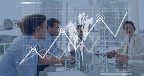 Image of data processing and world map over caucasian business people in office Stock Photos
