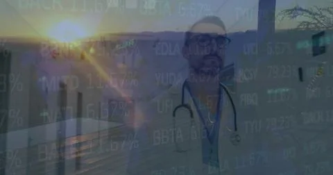 Image of data processing and world map over caucasian male doctor walking Stock Photos