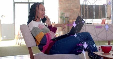 Image of data processing with arrows over biracial businesswoman talking on Stock Photos