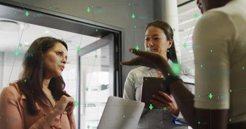 Image of data processing with arrows over diverse business people talking in Stock Photos