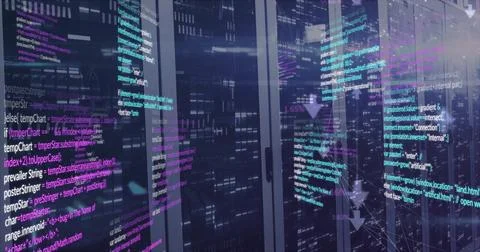 Image of data processing with arrows over server room Stock Photos