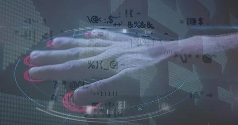 Image of data processing with arrows over man touching biometric screen Stock Photos