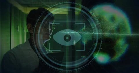 Image of data processing with asian male it technician by computer servers 스톡 사진