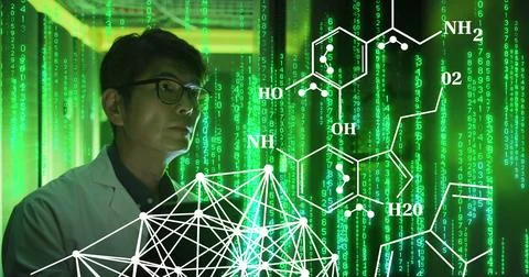 Image of data processing with asian male it technician by computer servers Stock Photos