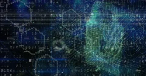 Image of data processing, binary code and digital padlock over blue and black Stock Illustration