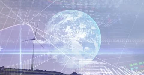 Image of data processing binary coding over globe and wind turbine Stock Illustration