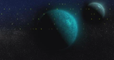 Image of data processing binary coding over globes Foto stock