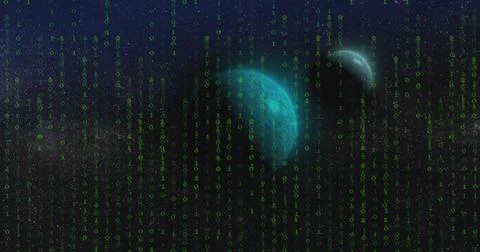 Image of data processing binary coding over globes Stock Photos