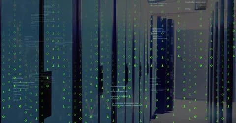 Image of data processing with binary coding over server room Stock Photos