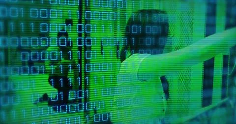 Image of data processing binary coding with caucasian female it technician by Stock Photos