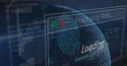 Image of data processing, binary fingerprint and globe Illustrazione stock