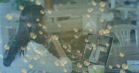 Image of data processing, bitcoin and security padlock over caucasian woman Stockfoto's