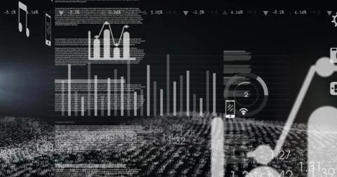 Image of data processing on black background Illustrazione stock