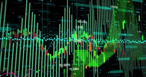 Image of data processing on black background Stock Illustration
