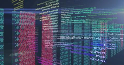 Image of data processing on black background Illustrazione stock