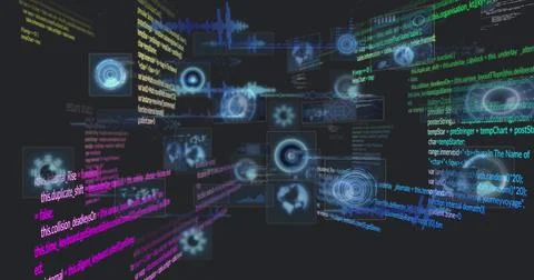 Image of data processing on black background Illustrazione stock