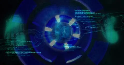 Image of data processing on black background with blue circle Stock Illustration