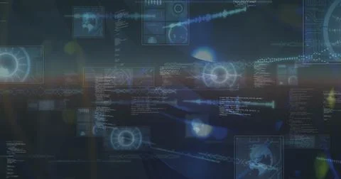 Image of data processing on black background Illustrazione stock