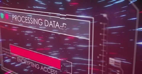 Image of data processing on black background with light trails Foto stock