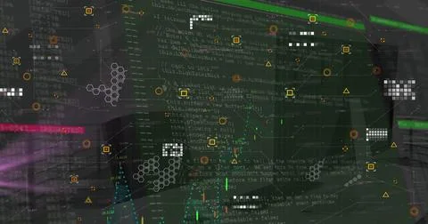 Image of data processing on black background Stockfoto's