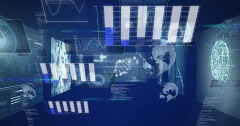 Image of data processing on blue background 스톡 사진