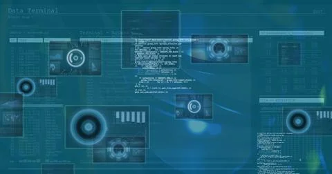 Image of data processing on blue digital screens Stockfoto's