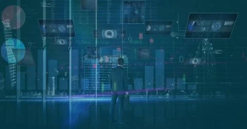 Image of data processing on blue digital screen Stock Photos