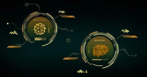 Image of data processing with brain and shapes moving over black background Stock Illustration