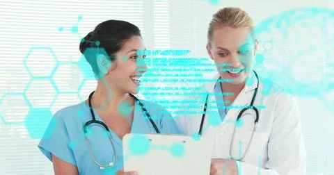 Image of data processing with brains and molecules over diverse female doctor 스톡 사진