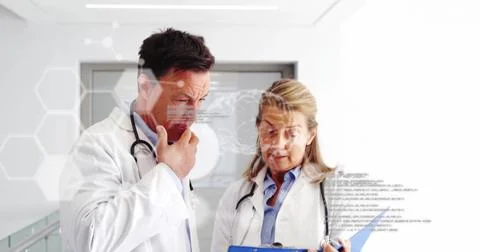 Image of data processing with brains and molecules over diverse doctors reading Stock Photos