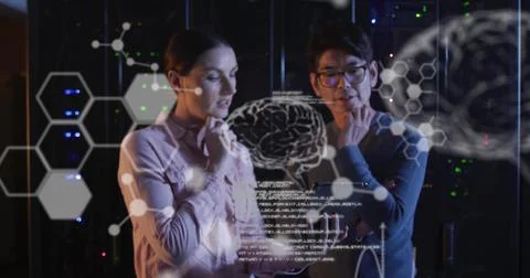 Image of data processing with brains over diverse colleagues using tablet in 库存照片