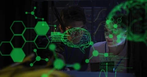 Image of data processing with brains over diverse colleagues using tablet in 库存照片