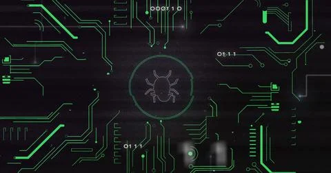 Image of data processing with bug icon and computer circuit board on black Stock Illustration
