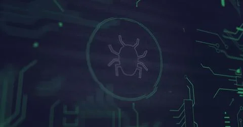 Image of data processing with bug icon on black background 스톡 사진