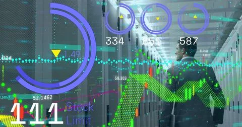 Image of data processing on charts and graphs over man inspecting equipment in Foto stock