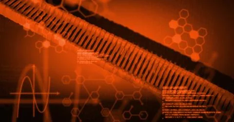 Image of data processing with chemical formula over dna strand on orange Stock Illustration