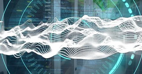 Image of data, processing circle and waves over servers Stock Photos