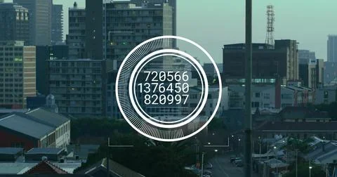 Image of data processing in circle over cityscape Foto stock