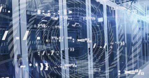 Image of data processing with circles over server room イラスト素材