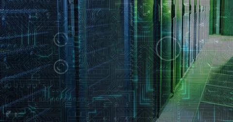 Image of data processing on circuit board over computer servers Stockillustratie