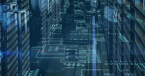 Image of data processing on circuit board over computer servers 스톡 사진