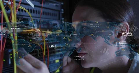 Image of data processing, circuit board over caucasian female it technician by Stockfoto's