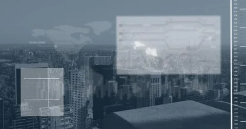 Image of data processing, cityscape and connections 写真素材