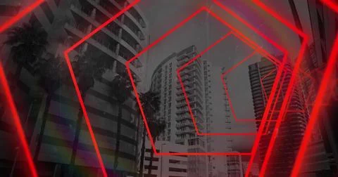 Image of data processing, cityscape and red neon pattern Foto stock