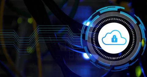 Image of data processing with cloud icon over server room Stock Illustration