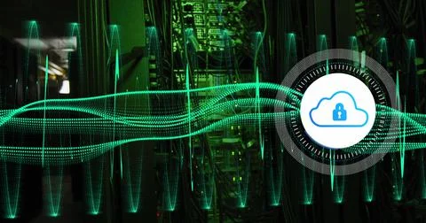 Image of data processing with cloud icon over server room Stock Illustration