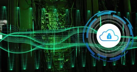 Image of data processing with cloud icon over server room Stock Illustration